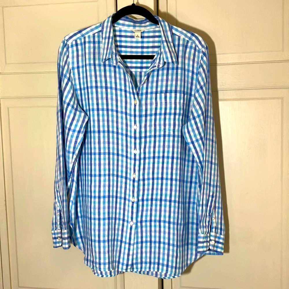 LLBean 100% Linen Blue and White Gingham Button-down Blouse. Size Large EUC